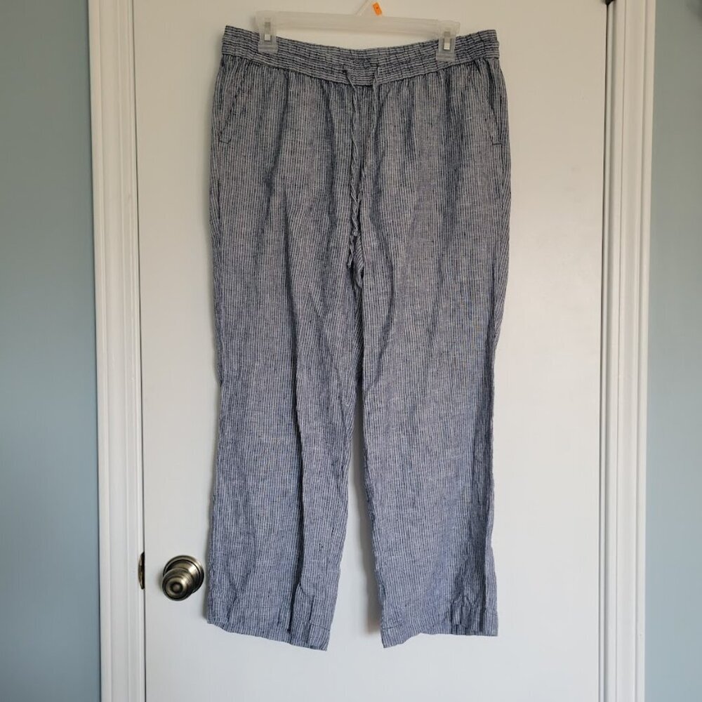 Talbots Linen Petite 8P Elastic Waist Pull-On Pants Pockets Pinstripe Beach